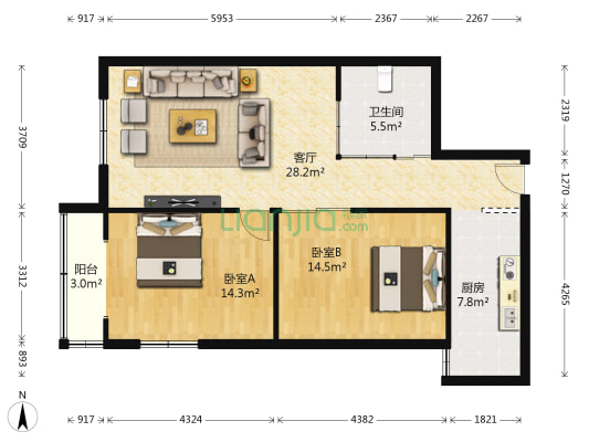 空港花园东航小区 2室1厅1卫 103平方