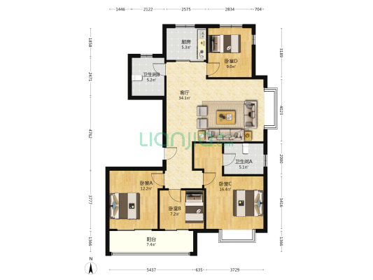 海玥华府 4室1厅2卫 136平方