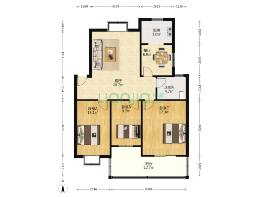 武东陆鹞小区 3室2厅1卫 114平方
