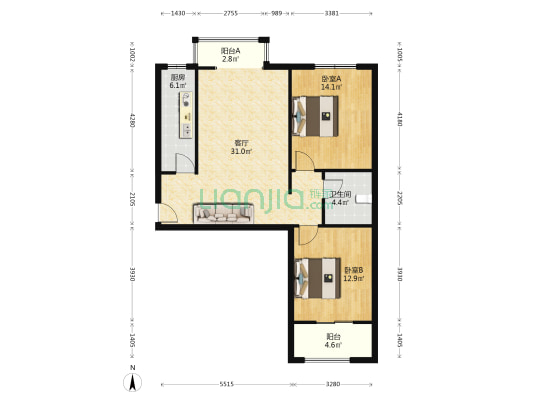 装修好   拎包入住   大两居-户型图