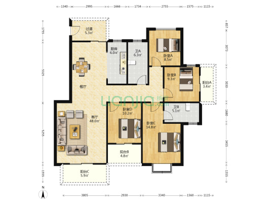 隆源上海花园 4室1厅2卫 146平方