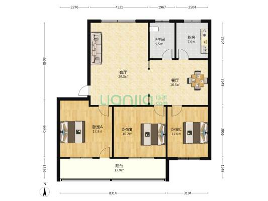 实验中学家属院 3室2厅1卫 145平方