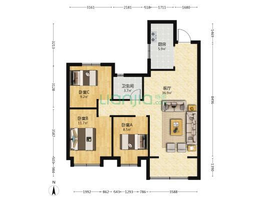 中国铁建·花语城 3室1厅1卫 112平方