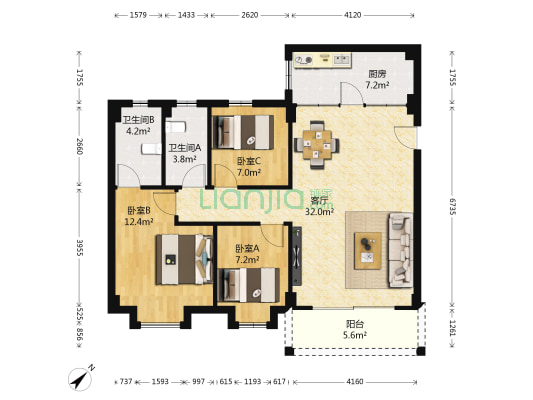 丽景华苑二期 3室1厅2卫 97平方