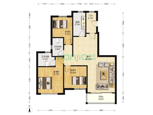 恒大净月公馆 3室1厅2卫 126平方