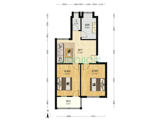 灰埠宿舍 2室1厅1卫 70平方