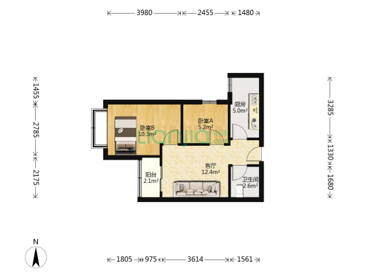 泰宏建业国际城21号院 2室1厅1卫 57平方