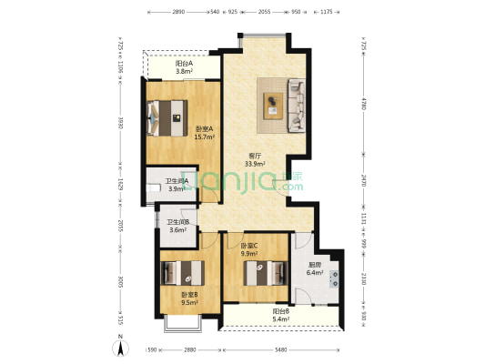 民主小区A2区 3室1厅2卫 106平方