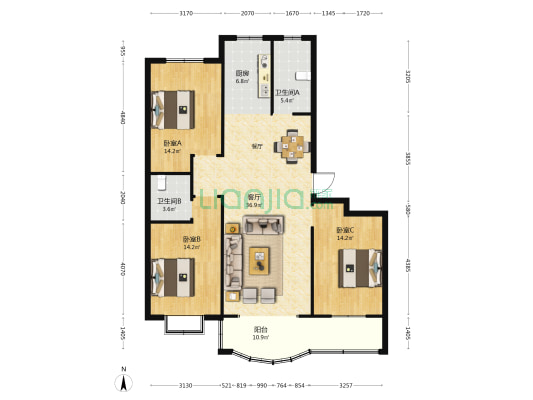 云门山景城花园 3室1厅2卫 135平方