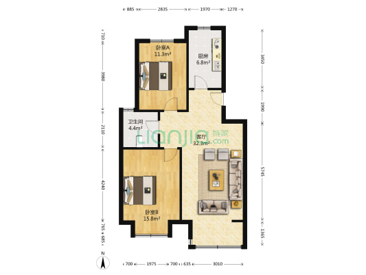 万象新天3区 2室1厅1卫 90平方