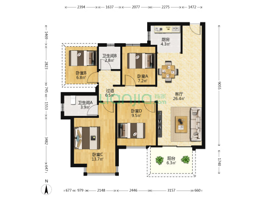 天悦台 4室1厅2卫 107平方