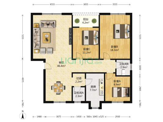 华铁小区 3室1厅2卫 111平方