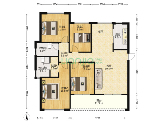 中庚香汇融江 4室1厅2卫 128平方