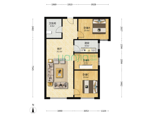 25年7月满二  精装修 中高楼层 全天采光无遮..-户型图