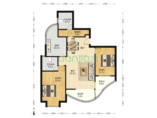音乐广场 2室1厅2卫 121平方