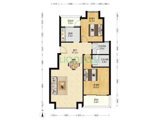 鼎盛家园 2室1厅2卫 103平方