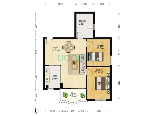 华银城 2室1厅1卫 95平方