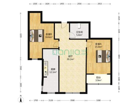 中间楼层，朝南两居，小区环境好-户型图