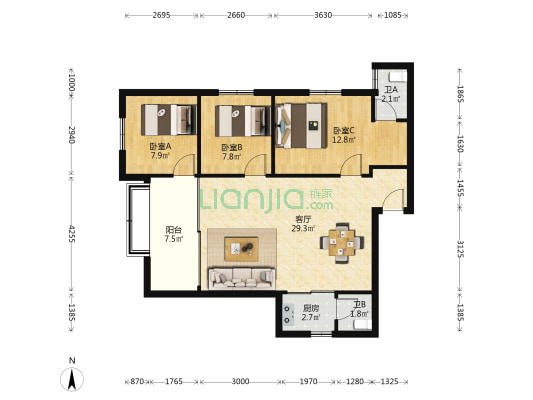 吉祥大厦 3室1厅2卫 85平方