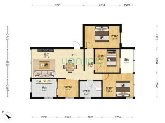 翠竹新村 3室1厅1卫 88平方