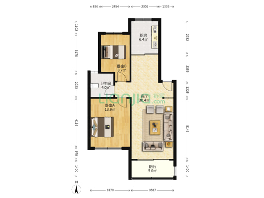 华盛五园 2室1厅1卫 82平方