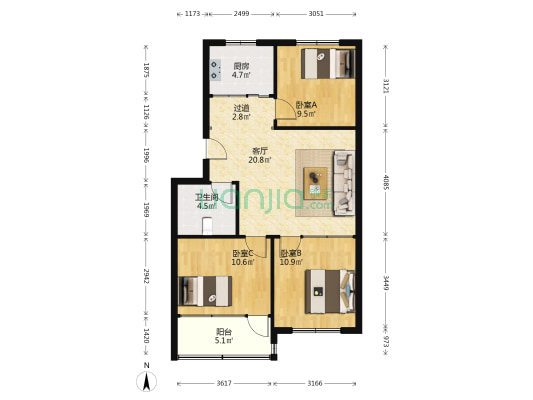 佳城公寓 3室1厅1卫 87平方