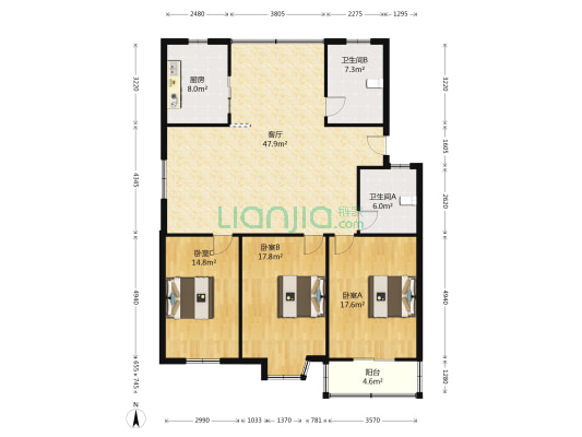 科委宿舍(蔡甸大街) 3室1厅2卫 129平方