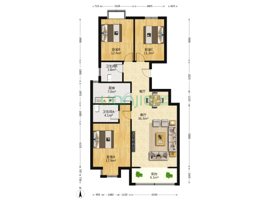 新城嘉苑B区 3室1厅2卫 134平方