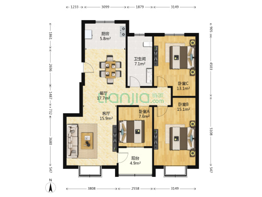 昆城佳园 3室2厅1卫 112平方