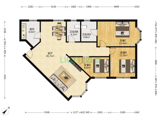 一环路南四段21号 3室1厅2卫 122平方