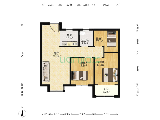 天一赫廷 3室1厅1卫 99平方