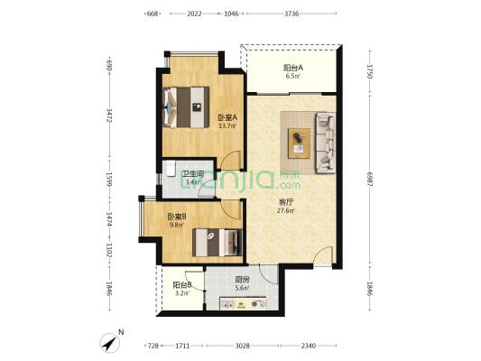 金田风华苑 2室1厅1卫 82平方