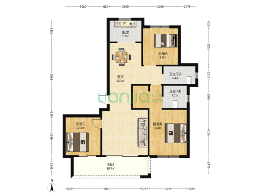 岠江北苑 3室1厅2卫 138平方