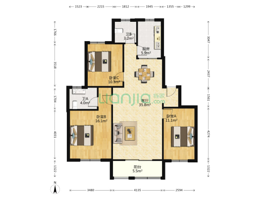 南湖山庄一期梅荷苑 3室1厅2卫 106平方