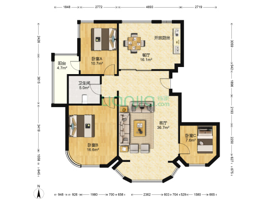 美林西岸一期 3室2厅1卫 122平方