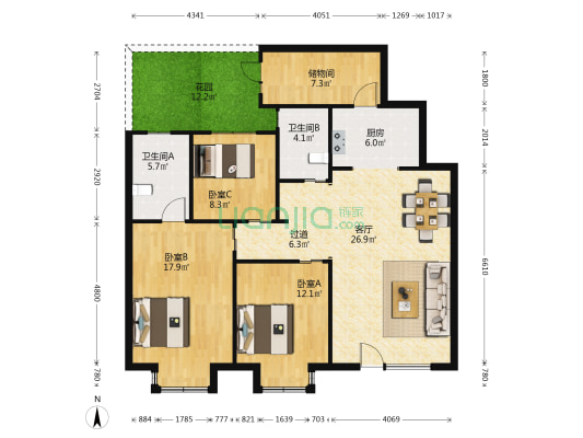 中铁世博城阅园东区 3室1厅2卫 110平方