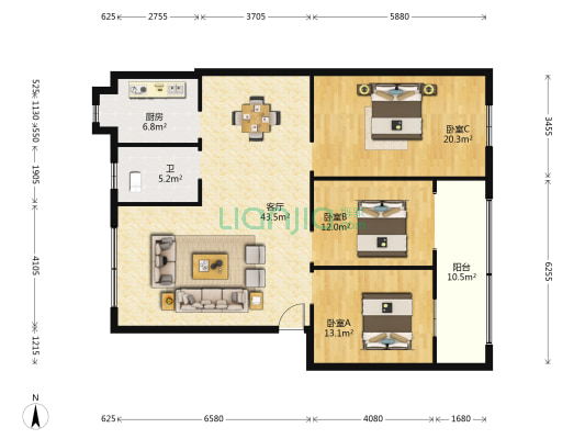棉花中心站家属院 3室1厅1卫 128平方