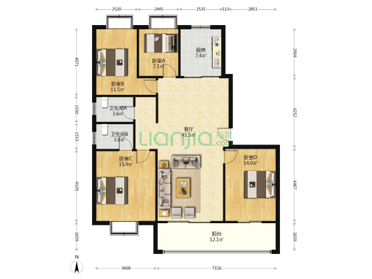 光华里 4室1厅2卫 142平方