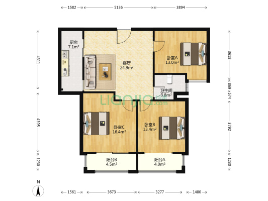 弘辉首馥 3室1厅1卫 113平方