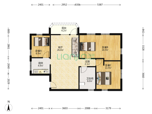 文化大楼 3室1厅1卫 107平方