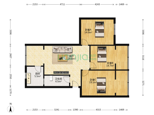 玉林苑二期 3室1厅1卫 95平方
