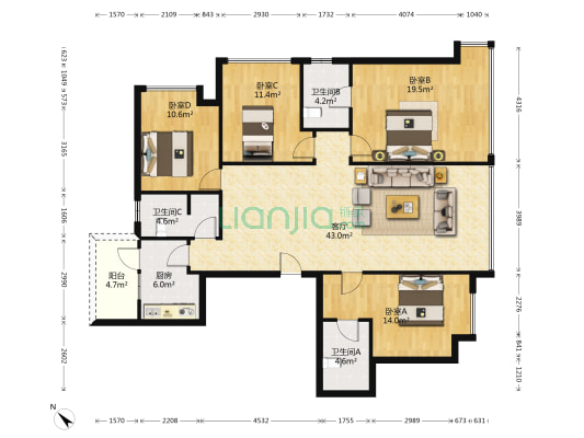 九龙仓时代小镇1号府邸 4室1厅3卫 144平方