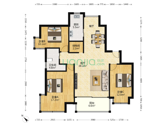 东方丽景 3室1厅1卫 119平方