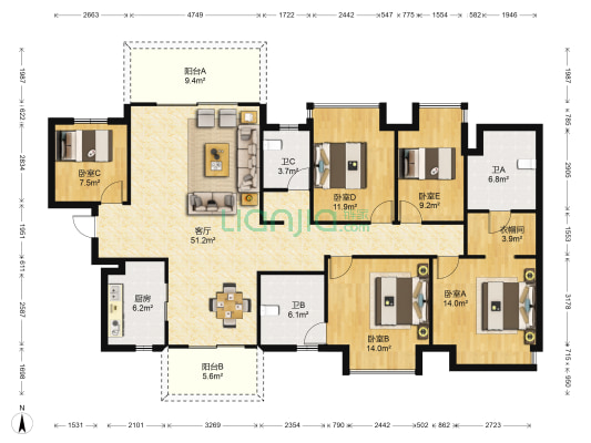 华润万象华府 5室1厅3卫 167平方