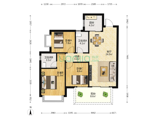 五象澜庭府臻苑 3室1厅2卫 95平方