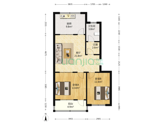 民航宿舍 2室1厅1卫 81平方