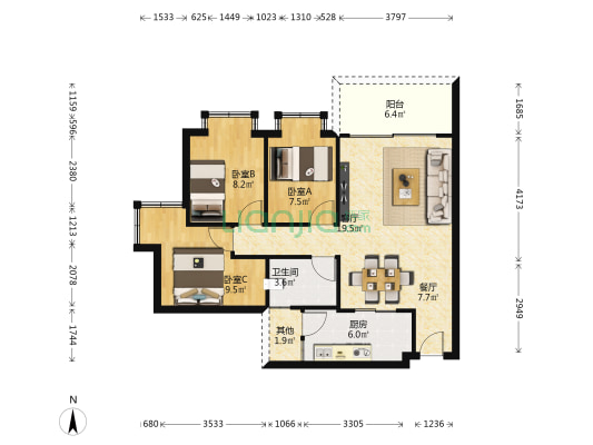 幸福园 3室2厅1卫 81平方