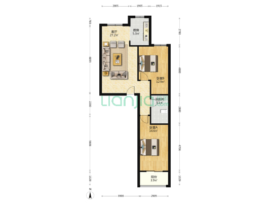 范阳中路好位置 公园对过 电梯房 南北通透两居-户型图