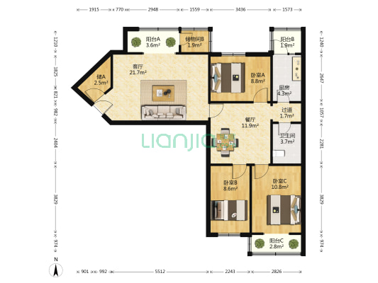 绿波公寓 3室2厅1卫 121平方