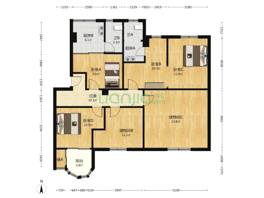 旗山花园 4室0厅2卫 117平方